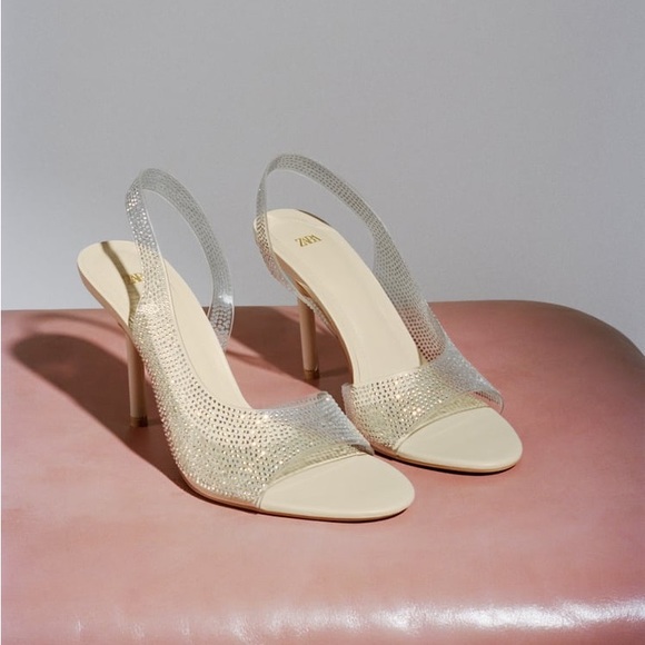 Zara Off White Rhinestone Heeled Vinyl Sandals - Picture 5 of 10